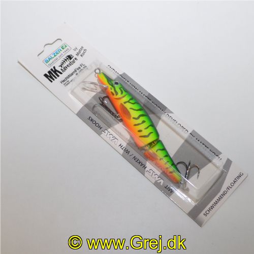 4005652197005 - MK Adventure, 2-delt - 130mm. - Vægt:21g. - Farve:Fire Pike - arbejdsdybde200cm - Baittype:Flydende - 001 3401 213<br>Its field of operation – both by rivers and lakes – is wherever huge casting distances are not required. Movements in the rear part of the hardbait are particularly agile. Pike are attracted by the swivels at the rear and can attack the calm top section all the more purposefully. The best way to windin with this version is to keep it even with only slight acceleration phases. The hardbait can be guided tantalisingly slowly and is therefore also good for trolling. 
Type: floating, diving depth: 1.50 - 2.00m.