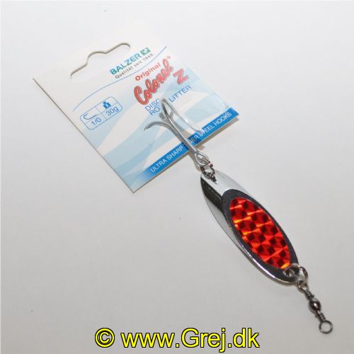 4005652281872 - Colonel Z Disc Spoon - Vægt:30g. - Farve:Rød Glitter - 001 3189 030<br>Extra heavy, tumbling spoon with chrome­plated surface and tiger steel treble hooks.