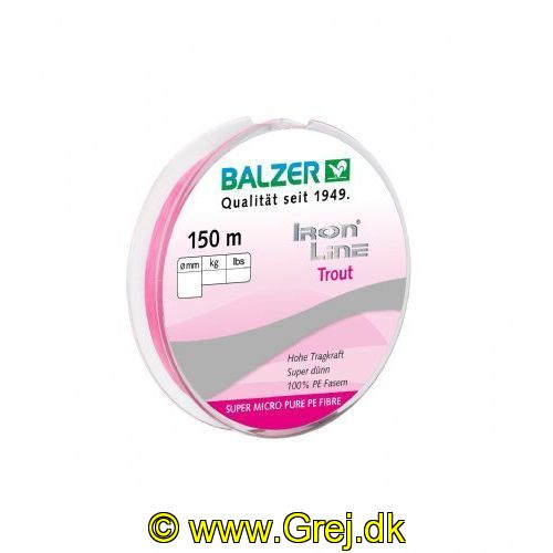4005652815817 - Iron Line ørred - Rullekapacitet:150M. - 0,06mm - Brudstyrke:4.1kg. - Farve:Pink - 001 2649 006<br>Iron Line Trout: The thinnest Ironline, consisting of 3 PE high-performance fibers. Developed in cooperation with our Trout Attack Team for fishing with our rubber worms “Trout Collector” and Spoons. The extremely thin diameter and the smooth surface bring even the smallest baits on distance.
