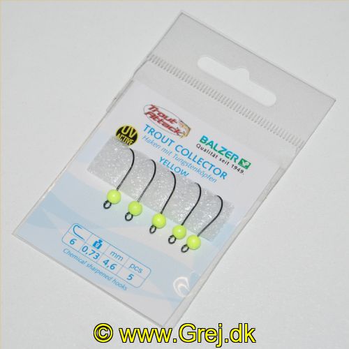 4005652819297 - Trout Collector, krog med tungstenshoved - Vægt:0.73g. - Farve:Gul - 001 6062 073<br>Very sharp hooks with extra large eye and wide bend. Due to the extra large diameter of the eye, the hook can move freely even when using a snap. The extra large bend stands out in good distance to the bait and ensures a top rate of hooked fish.