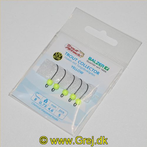 4005652819334 - Trout Collector, krog med tungstenshoved - Vægt:0.73g. - Farve:Gul - 001 6063 073<br>Very sharp hooks with extra large eye and wide bend. Due to the extra large diameter of the eye, the hook can move freely even when using a snap. The extra large bend stands out in good distance to the bait and ensures a top rate of hooked fish.