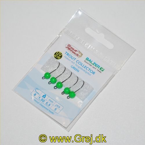 4005652819341 - Trout Collector, krog med tungstenshoved - Vægt:1.3g. - Farve:Grøn - 001 6063 130<br>Very sharp hooks with extra large eye and wide bend. Due to the extra large diameter of the eye, the hook can move freely even when using a snap. The extra large bend stands out in good distance to the bait and ensures a top rate of hooked fish.
