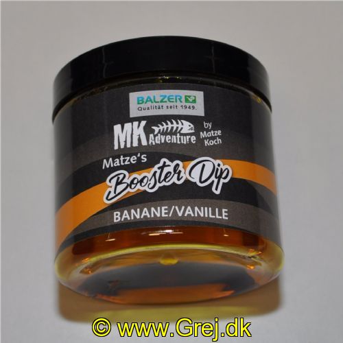 4005652820965 - MK Booster Dip, 100ml - Farve:Orange - Smag/duft:Banana/Vanilla - 001 8595 003<br>If you want to lift the hook bait especially to guide the carp even faster on the hook, dip it into Matze‘s booster liquid dips. The matching dips are equally suitable for the pop ups as well as for the basic boilies. They are matched in smell and colour exactly to the appropriate Boilies. Long-lasting fragrance.