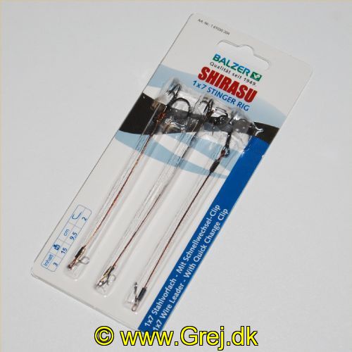 4005652821078 - Shirasu Stinger Rig med snap hægte, 1x7 - 95mm. - 001 6103 204<br>There are days on which the predator fish bite extremely cautiously and the missed bite rate is high. On such days an stinger hook leader with an additional treble hook should be used! With a quickrelease clip for hanging up.