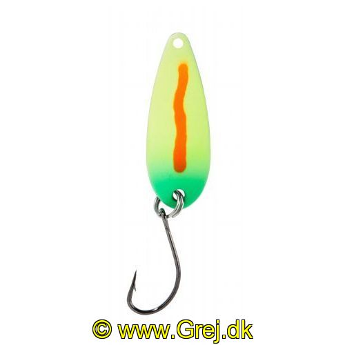 4005652821672 - Pro Staff Series Swindler Spoon - 30mm. - Vægt:2.3g. - Farve:Gul/grøn/orange stribe, UV - 001 6067 215<br>With a tumbling run for more passive trouts. Can be guided extremely slow. Top in the cold season.