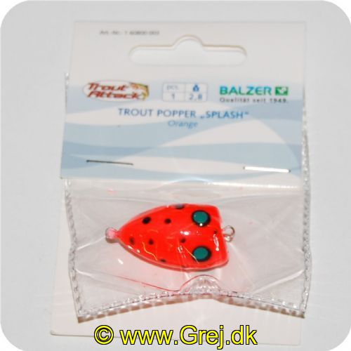 4005652826561 - Popper "Splash” - 30mm. - Vægt:2.8g. - Farve:Orange, UV - 001 6080 003<br>The „Splash“ is perfect for fishing in summer when the fishes are more passive. The Popper is tied to a leader and the hook is baited with natural baits or our Trout Collectors. The popper is twitched over the surface and this creates popping noises and imitates food which is falling in the water and attracts trouts. Can also be used as a pilot float.