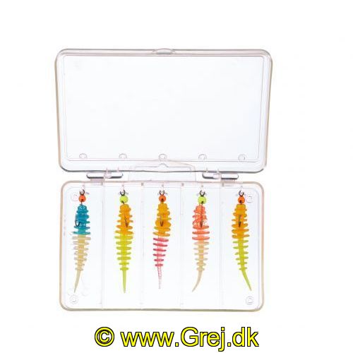 4005652829104 - Trout Collector, sortiment af formonterede gummidyr - 50mm. - Vægt:1.0g. - Farve:Mix 3 - Smag/duft:Hvidl&oslash;g - 001 6077 305<br>Nothing could be more practical: Our successful Trout Collectors, ready mounted on our
hooks with tungsten heads in the practical tackle box with Euro hanger. As a guide, we have put together the same four mixes as we have already done for the Collectors in the jars. Contents: 5 Trout Collectors, 5cm, 5 hooks (size 8) with tungsten heads: 3x 0.45g and 2x 0.73g)