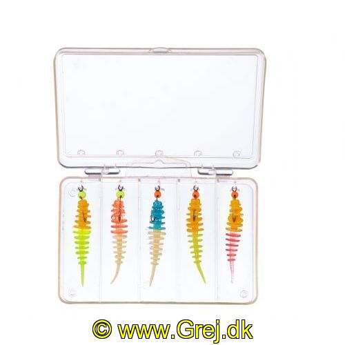 4005652829111 - Trout Collector, sortiment af formonterede gummidyr - 50mm. - Vægt:1.0g. - Farve:Mix 4 - Smag/duft:Hvidløg - 001 6077 405<br>Nothing could be more practical: Our successful Trout Collectors, ready mounted on our
hooks with tungsten heads in the practical tackle box with Euro hanger. As a guide, we have put together the same four mixes as we have already done for the Collectors in the jars. Contents: 5 Trout Collectors, 5cm, 5 hooks (size 8) with tungsten heads: 3x 0.45g and 2x 0.73g)