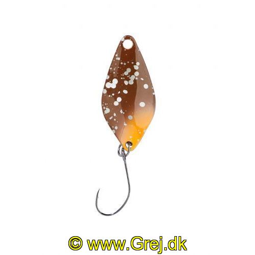4005652830346 - Pro Staff Series Sunny spoon - 2.5mm. - Vægt:1.4g. - Farve:Brown-Gold-Glitter, UV - 001 6083 001<br>Extra-small and light spoons for fishing in summer when the trout are in the upper layers of water and look-out for small bait. Most colours are on the muted side, which has proved extremely effective on passive fishes.