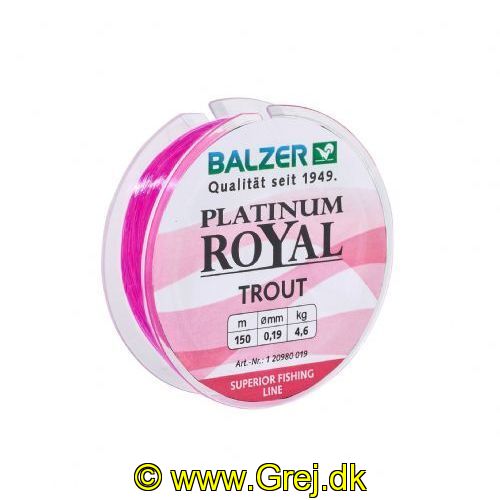 4005652831886 - Platinum Royal ørred line - Rullekapacitet:150M. - Brudstyrke:6.1kg. - Farve:Pink - 001 2098 022<br>When fishing for trout, opinions differ as to whether a braided or monofilament line is the better choice. That’s why we now offer a monofilament line specially suited for fishing with spoons and Trout Collectors. In winter when the temperature drops below zero, it is next to impossible to fish with braided lines, because they soak up the water and freeze. Stateof-the-art polymers in the lines lends both excellent suppleness and high abrasion resistance. For a monofilament, the line has surprisingly little stretch. This line also features our anti-twisting system.
