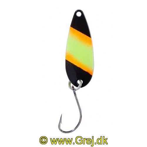 4005652832593 - Pro Staff Series Swindler Spoon - 30mm. - Vægt:2.3g. - Farve:Sort/orange/gul, UV - 001 6067 216<br>With a tumbling run for more passive trouts. Can be guided extremely slow. Top in the cold season.