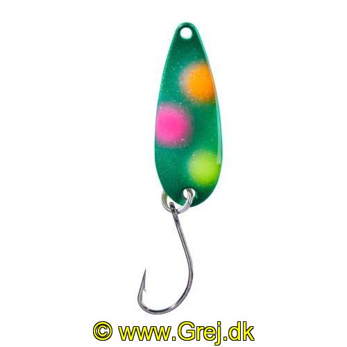 4005652832647 - Pro Staff Series Swindler Spoon - 30mm. - Vægt:2.3g. - Farve:Grøn/orange/gul/pink, UV - 001 6067 221<br>With a tumbling run for more passive trouts. Can be guided extremely slow. Top in the cold season.