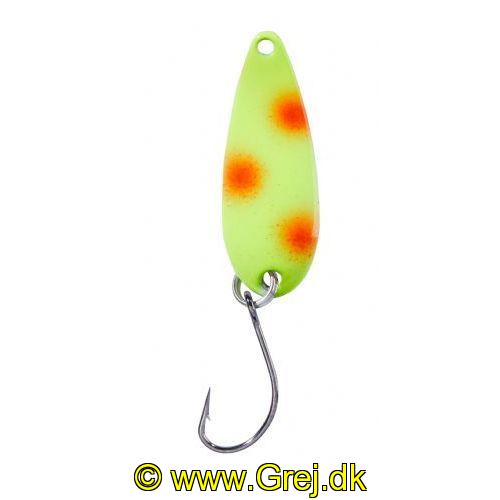 4005652832654 - Pro Staff Series Swindler Spoon - 30mm. - Vægt:2.3g. - Farve:Gul/orange, UV - 001 6067 223<br>With a tumbling run for more passive trouts. Can be guided extremely slow. Top in the cold season.