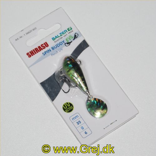 4005652834450 - Shirasu Spin Buddy Evil Eye - 35mm. - Vægt:6g. - Farve:Perch, UV - 001 3662 602<br>The new generation of our Spin Buddies has undergone a complete keelhaul. In addition to the newly designed aerodynamic body with the evil eye, the Spin Buddies have a ball-bearing-mounted swivel that joins the spinner blade to the body (an exception being the 8g version, which has Micro Hyper swivel). As a result, the blade rotates at the slightest tug on the line and of course also as it’s sinking. In addition to the natural décors, the new Spin Buddies are now also available in terrific UV-active colours. The highlights are the three natural décors: They are coated with invisible UV paint, which can be seen only under UV light. Spin Buddies in a weightier version with a lead body and in a light version
with a plastic body.