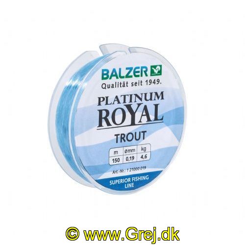 4005652837413 - Platinum Royal ørred line - Rullekapacitet:150M. - Brudstyrke:3.3kg. - Farve:Blå - 001 2100 016<br>When fishing for trout, opinions differ as to whether a braided or monofilament line is the better choice. That’s why we now offer a monofilament line specially suited for fishing with spoons and Trout Collectors. In winter when the temperature drops below zero, it is next to impossible to fish with braided lines, because they soak up the water and freeze. Stateof-the-art polymers in the lines lends both excellent suppleness and high abrasion resistance. For a monofilament, the line has surprisingly little stretch. This line also features our anti-twisting system.