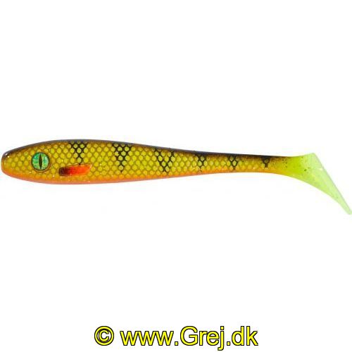 4005652845128 - Pike Collector Shad, UV - 160mm. - Vægt:25g. - Farve:Perch - 001 3663 016<br>The Pike Collector Shad, the new punchy alternative to one of the most successful pike lures of all time, the Pike Collector. In many of his films, Matze caught great pikes with the Pike Collector. The great thing about this bait is that the angler has nothing to do but crank. The pikes are tempted to attack solely by the movement pattern and the pressure waves of the massive rubber body. So why not develop a soft lure in the same format? Matze has tested it extensively and was enthusiastic about the running behavior of the bait, which is specially designed for pike. Which does not mean that you cannot catch Zander with it (e.g. pelagic fishing). The bait has a strong flank and, just like the Pike Collector with the wide twist tails, only needs to be reeled in. The reptile eyes are new and are important because pike often fix their eyes. They have become more secure against peeling because they are covered with a layer of sealing. So you can enjoy your pike bait for a long time. For both lengths, Matze uses a 15 gram jig head on a 7/0 hook, on the larger model with an additional stinger. The UV active eyes are sealed and are incredibly safe.