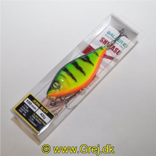 4005652853024 - Shirasu Jerk Bait wobler - 100mm. - Vægt:42g. - Farve:Fire Perch, UV - arbejdsdybde130cm - Baittype:Jerk Bait - 001 3356 001<br>Absolute top-class hardbait: Developed by our Shirasu Pro Staff team, produced in the EU! The hardbait features the highest quality workmanship and technical sophistication, including TSS (Twin Top Water System) or Cast & Balance systems. The true value of a high-quality hardbait, however, only becomes apparent when you look at its performance, which ultimately decides whether it is a success or a failure. Each type of hardbait in the Shirasu series has its own individual features, precisely matched to the type of guide and the expected target fish. The Twitch hardbait, for example, swings out sideways (Walk the Dog), the Asp hardbait vibrates at a high frequency and the Deep Diver is aggressive. Our Pro Staffers have spent countless
hours and tests on the water optimising these features. Each individual hardbait is put through a test basin at the manufacturer’s before delivery. This means that you can be 100% sure that only perfectly running hardbaits leave the production.
All plugs are lead-free and fitted with steel balls. Caution: extremely sharp trebles! 

The Shirasu Jerk Bait is easy to jerk and reel in. When jerked, it breaks out sideways. When reeling in monotonously, it runs through the water with S-curves. The Shirasu Jerk has a special feature: If you make a recovery stop, it slowly sinks down flanking. This flanking sink appears to trigger an impulse in the pikes, as it is in this phase that they often attack. Diving depth 8cm: 1.1m, 10cm: 1.3m, 12cm: 1.5m.