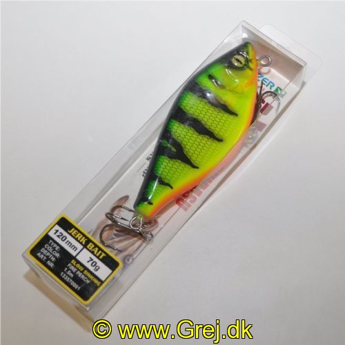 4005652853109 - Shirasu Jerk Bait wobler - 120mm. - Vægt:70g. - Farve:Fire Perch, UV - arbejdsdybde150cm - Baittype:Jerk Bait - 001 3357 001<br>Absolute top-class hardbait: Developed by our Shirasu Pro Staff team, produced in the EU! The hardbait features the highest quality workmanship and technical sophistication, including TSS (Twin Top Water System) or Cast & Balance systems. The true value of a high-quality hardbait, however, only becomes apparent when you look at its performance, which ultimately decides whether it is a success or a failure. Each type of hardbait in the Shirasu series has its own individual features, precisely matched to the type of guide and the expected target fish. The Twitch hardbait, for example, swings out sideways (Walk the Dog), the Asp hardbait vibrates at a high frequency and the Deep Diver is aggressive. Our Pro Staffers have spent countless
hours and tests on the water optimising these features. Each individual hardbait is put through a test basin at the manufacturer’s before delivery. This means that you can be 100% sure that only perfectly running hardbaits leave the production.
All plugs are lead-free and fitted with steel balls. Caution: extremely sharp trebles! 

The Shirasu Jerk Bait is easy to jerk and reel in. When jerked, it breaks out sideways. When reeling in monotonously, it runs through the water with S-curves. The Shirasu Jerk has a special feature: If you make a recovery stop, it slowly sinks down flanking. This flanking sink appears to trigger an impulse in the pikes, as it is in this phase that they often attack. Diving depth 8cm: 1.1m, 10cm: 1.3m, 12cm: 1.5m.