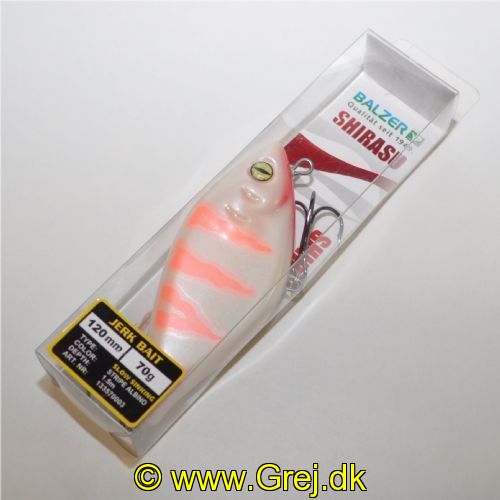 4005652853123 - Shirasu Jerk Bait wobler - 120mm. - Vægt:70g. - Farve:Stripe Albino, UV - arbejdsdybde150cm - Baittype:Jerk Bait - 001 3357 003<br>Absolute top-class hardbait: Developed by our Shirasu Pro Staff team, produced in the EU! The hardbait features the highest quality workmanship and technical sophistication, including TSS (Twin Top Water System) or Cast & Balance systems. The true value of a high-quality hardbait, however, only becomes apparent when you look at its performance, which ultimately decides whether it is a success or a failure. Each type of hardbait in the Shirasu series has its own individual features, precisely matched to the type of guide and the expected target fish. The Twitch hardbait, for example, swings out sideways (Walk the Dog), the Asp hardbait vibrates at a high frequency and the Deep Diver is aggressive. Our Pro Staffers have spent countless
hours and tests on the water optimising these features. Each individual hardbait is put through a test basin at the manufacturer’s before delivery. This means that you can be 100% sure that only perfectly running hardbaits leave the production.
All plugs are lead-free and fitted with steel balls. Caution: extremely sharp trebles! 

The Shirasu Jerk Bait is easy to jerk and reel in. When jerked, it breaks out sideways. When reeling in monotonously, it runs through the water with S-curves. The Shirasu Jerk has a special feature: If you make a recovery stop, it slowly sinks down flanking. This flanking sink appears to trigger an impulse in the pikes, as it is in this phase that they often attack. Diving depth 8cm: 1.1m, 10cm: 1.3m, 12cm: 1.5m.