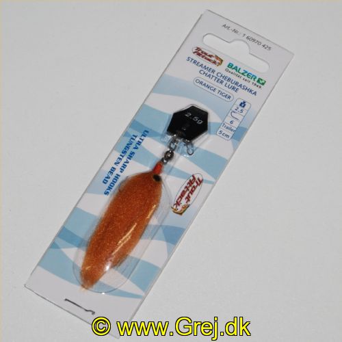 4005652854519 - Trout Collector, flue chatter lure - Vægt:1.0g. - Farve:Orange - 001 6097 425<br>A highly innovative and very effective new trout lure: a combination of Tungsten Cheburashka Chatter Lure and Streamer. The high vibration of the metal plate makes the fine hairs of the streamer play very naturally in the water. 3 attractive designs.