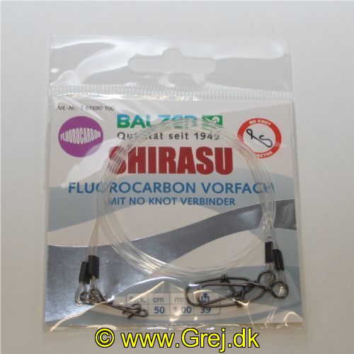 4005652854700 - Shirasu fluorocarbon forfang, No-Knot - Længde:50cm. - Brudstyrke:39kg. - 001 6169 100<br>Pre-tied predatory fish leaders made of fluorocarbon. There are 3 diameters, we recommend: 0.25mm for perch, 0.50mm for zander, 1.00mm for pike.
