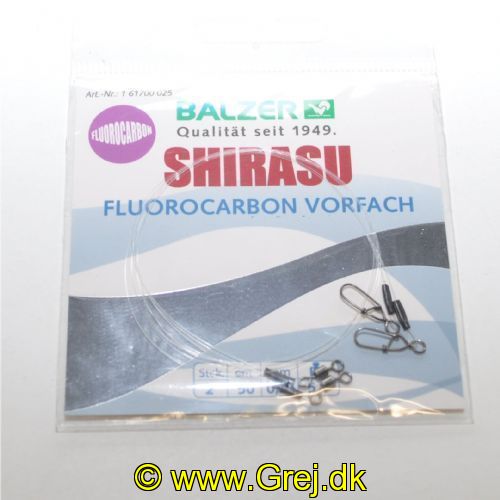 4005652854717 - Shirasu fluorocarbon forfang med snap hægte og 1-punkts swivel - Længde:50cm. - Brudstyrke:5.1kg. - 001 6170 025<br>Pre-tied predatory fish leaders made of fluorocarbon. There are 3 diameters, we recommend: 0.25mm for perch, 0.50mm for zander, 1.00mm for pike.