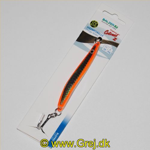 4005652855455 - Colonel Z havørred spoon, UV - 10mm. - Vægt:26g. - Farve:Orange reflex - 001 3362 026<br>Excellent seatrout lures made of zinc-alloy in attractive colours. Needle-sharp treble hooks with double split ring minimises the drop-out rate.