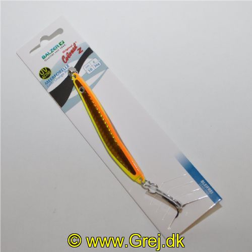 4005652855486 - Colonel Z havørred spoon, UV - 10mm. - Vægt:26g. - Farve:Orange/gul reflex - 001 3363 026<br>Excellent seatrout lures made of zinc-alloy in attractive colours. Needle-sharp treble hooks with double split ring minimises the drop-out rate.