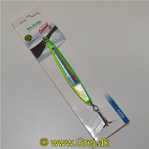 4005652855509 - Colonel Z havørred spoon, UV - 10mm. - Vægt:22g. - Farve:Grøn/gul reflex - 001 3364 022<br>Excellent seatrout lures made of zinc-alloy in attractive colours. Needle-sharp treble hooks with double split ring minimises the drop-out rate.