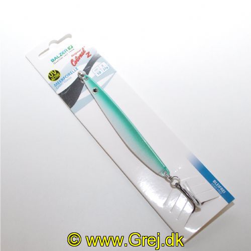 4005652855639 - Colonel Z havørred spoon, UV - 10mm. - Vægt:22g. - Farve:Grøn/hvid - 001 3368 022<br>Excellent seatrout lures made of zinc-alloy in attractive colours. Needle-sharp treble hooks with double split ring minimises the drop-out rate.