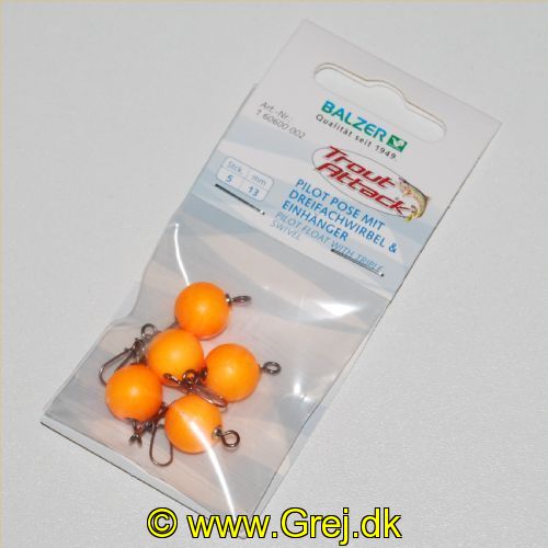 4005652856582 - Trout Attack, pilotkugler med triple swivel - Farve:Orange - 001 6060 002<br>When fishing with a floating sbirolino or our trout egg, the pilot float and swivel remain on the surface. The triple swivel prevents line twist.
