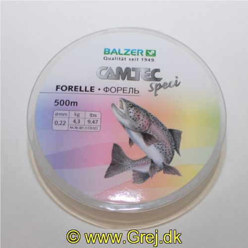 4005652857473 - Camtec Speci monofil line - Rullekapacitet:500M. - Brudstyrke:4.3kg. - Farve:Transparent - Variant:Trout - 001 2172 022<br>Camtec Speci Line: The newly launched Camtec Speci lines with new attractive spools and new target fishes/types of fishing such as perch and feeder.