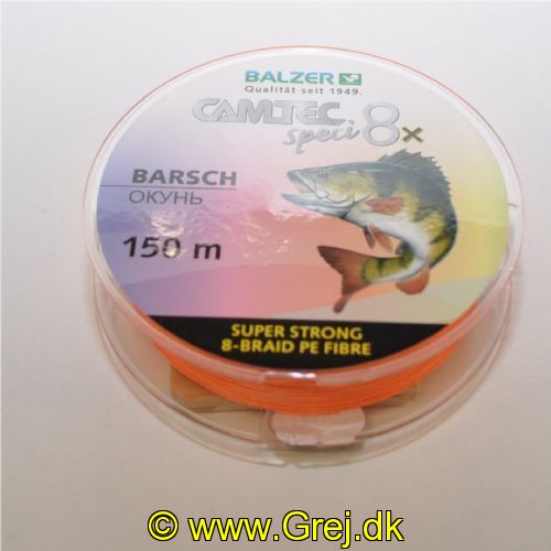 4005652859552 - Camtec Speci 8x fletline - Rullekapacitet:150M. - Brudstyrke:9kg. - Farve:Orange - Variant:Perch - 001 2074 012<br>Speci 8x: our new line with 8-fold braiding and a sensational price/performance ratio!
Our Speci line is now also available as an 8-fold high-performance line which is in terms of colors and diameter precisely tailored to the respective target fish or fishing method. 
The lines are made of 100% PE fibers! 

Features: 8-fold braiding, Round braiding, 100% PE fibre, High load-bearing capacities, Soft surface, High abrasion resistance, Extremely little stretching, UV protected.
