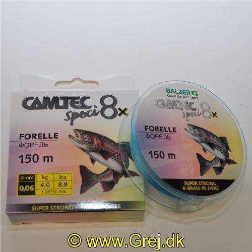 4005652859569 - Camtec Speci 8x fletline - Rullekapacitet:150M. - 0,06mm - Brudstyrke:4kg. - Farve:Blå - Variant:Trout - 001 2075 006<br>Speci 8x: our new line with 8-fold braiding and a sensational price/performance ratio!
Our Speci line is now also available as an 8-fold high-performance line which is in terms of colors and diameter precisely tailored to the respective target fish or fishing method. 
The lines are made of 100% PE fibers! 

Features: 8-fold braiding, Round braiding, 100% PE fibre, High load-bearing capacities, Soft surface, High abrasion resistance, Extremely little stretching, UV protected.
