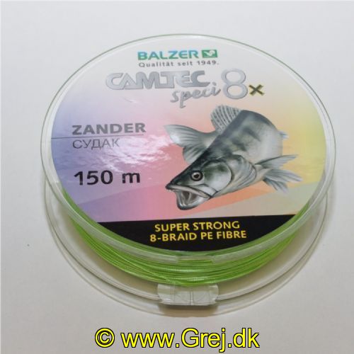 4005652859590 - Camtec Speci 8x fletline - Rullekapacitet:150M. - Brudstyrke:11kg. - Farve:Chartreuse - Variant:Zander - 001 2076 016<br>Speci 8x: our new line with 8-fold braiding and a sensational price/performance ratio!
Our Speci line is now also available as an 8-fold high-performance line which is in terms of colors and diameter precisely tailored to the respective target fish or fishing method. 
The lines are made of 100% PE fibers! 

Features: 8-fold braiding, Round braiding, 100% PE fibre, High load-bearing capacities, Soft surface, High abrasion resistance, Extremely little stretching, UV protected.
