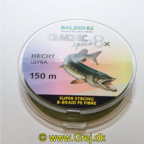 4005652859613 - Camtec Speci 8x fletline - Rullekapacitet:150M. - Brudstyrke:13.5kg. - Farve:Mørkgrøn - Variant:Pike - 001 2077 020<br>Speci 8x: our new line with 8-fold braiding and a sensational price/performance ratio!
Our Speci line is now also available as an 8-fold high-performance line which is in terms of colors and diameter precisely tailored to the respective target fish or fishing method. 
The lines are made of 100% PE fibers! 

Features: 8-fold braiding, Round braiding, 100% PE fibre, High load-bearing capacities, Soft surface, High abrasion resistance, Extremely little stretching, UV protected.
