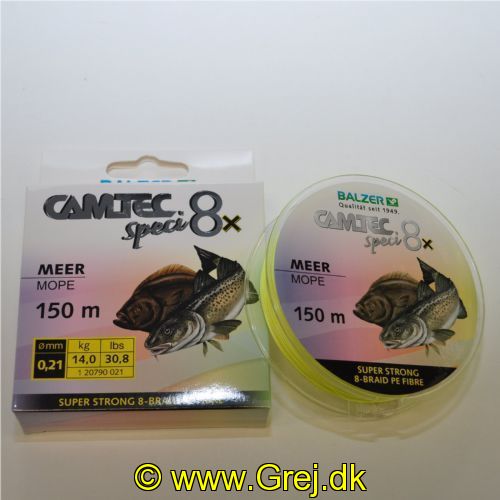 4005652859637 - Camtec Speci 8x fletline - Rullekapacitet:150M. - 0,21mm - Brudstyrke:14kg. - Farve:Gul - Variant:Sea - 001 2079 021<br>Speci 8x: our new line with 8-fold braiding and a sensational price/performance ratio!
Our Speci line is now also available as an 8-fold high-performance line which is in terms of colors and diameter precisely tailored to the respective target fish or fishing method. 
The lines are made of 100% PE fibers! 

Features: 8-fold braiding, Round braiding, 100% PE fibre, High load-bearing capacities, Soft surface, High abrasion resistance, Extremely little stretching, UV protected.
