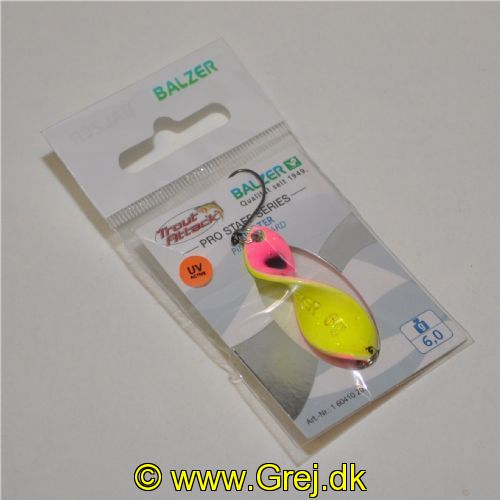 4005652860008 - Pro Staff Series Shooter Spoon - 40mm. - Vægt:6g. - Farve:Pink Leopard, UV - 001 6041 203<br>This spoon is a real highlight: its unique propeller shape makes it turn on its own axis at the slightest pull, which drives the trout absolutely crazy. In our numerous tests, the Shooter also lured completely passive fish to bite. As it can be used extremely slowly, it is also a top spoon for winter fishing. The front and back of each spoon have contrasting colours which create a unique play of colours when turned. Each spoon features a micro triple swivel that safely prevents line twist. Can be thrown very far.