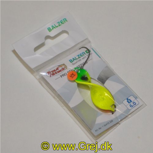 4005652860060 - Pro Staff Series Shooter Spoon - 40mm. - Vægt:6g. - Farve:Yellow Leopard, UV - 001 6041 209<br>This spoon is a real highlight: its unique propeller shape makes it turn on its own axis at the slightest pull, which drives the trout absolutely crazy. In our numerous tests, the Shooter also lured completely passive fish to bite. As it can be used extremely slowly, it is also a top spoon for winter fishing. The front and back of each spoon have contrasting colours which create a unique play of colours when turned. Each spoon features a micro triple swivel that safely prevents line twist. Can be thrown very far.