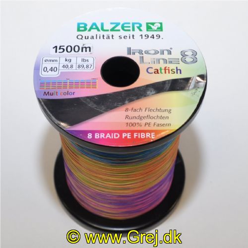 4005652860404M - Iron Line 8 fletline - 0,40mm - Rullekapacitet:1500M. - Brudstyrke:40.8kg. - Farve:Multicolor - Vælg antal meter - 001 2645 040<br>Balzer’s Ironline 8 boasts an eightfold braided high-performance line with an excellent load-bearing capacity. The line is impressive thanks to a soft, yet abrasion-resistant surface that enables the line to slide silently through the guides and which facilitates enormous casting distances. Thanks to the fact that it hardly stretches at all, you have direct contact to both bait and fish. In the Ironline 8 series you can find the right line for all types of fishing; what’s more at fantastic prices! 

Features: 8-fold braiding, round braiding, 100% PE fibre, high load-bearing capacities, very soft surface, high abrasion resistance, extremely little stretching, UV protected. 

Iron Line Catfish Multicolor: The ideal line for all catfish anglers. The line colour changes every 10m. Very good visibility.