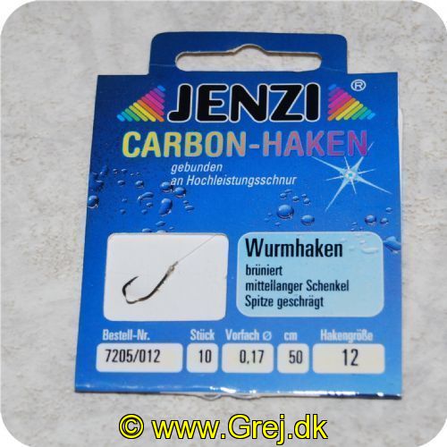 4014037720622 - Jenzi Carbon kroge  str.12 - med 50cm 0.17mm forfang<LI>Færdige forfang<LI>Ultra skarpe Carbon steel kroge<LI>Line ø 0.17 Ultra Strong<LI>Længde 50 cm<LI>Krog str. 12<LI>Indeholder 10 stk.