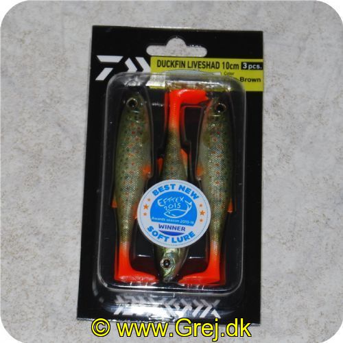 4027093674730 - Daiwa Duckfin Liveshad 10cm - 3 stk - Brown Trout - Bækørred - Under langsom og hurtig indspinning arbejder Duckfin halen lokkende med store udsving - Ægte 3D øjne