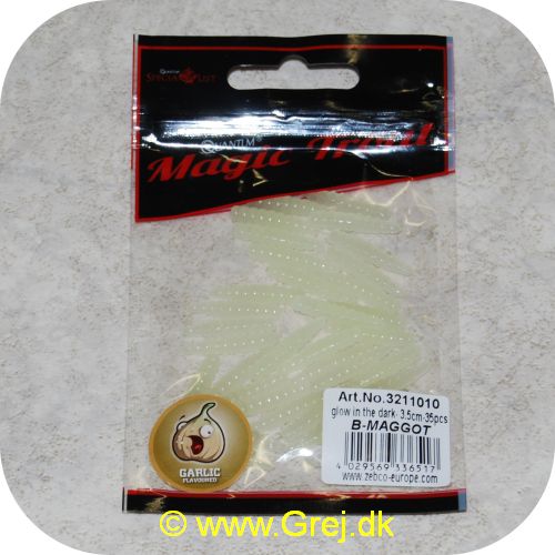 4029569336517 - Zebco Magic Trout B-Maggot  (maddiker) - 25mm - 35 stk - Glow in dark (selvlysende) - Transparent - Med hvidløg