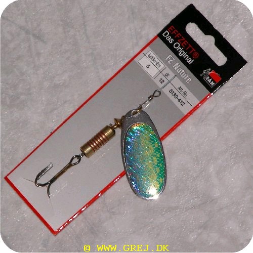 4044641015609 - Dam FZ Nature spinner<LI>Str 5 (12 gram) Messing krop og  reflekterende blå/gul/grøn blad