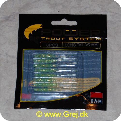 4044641093386 - Power Trout system Long Tail Worm - 8 stk - Luminous Glitter - Små bløde softbaits. der sættes på krogen