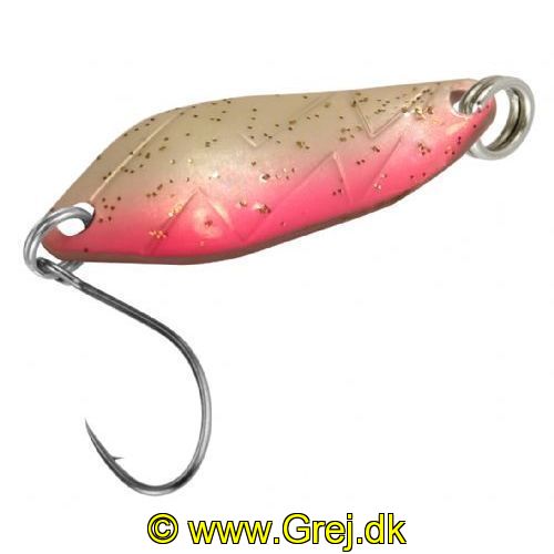 4250203344791 - FTM Fishing Tackle Max Skeblink Strike 2.1g -  Hvid med pink ryg og gyldne nister i front og bagside<BR>
<BR>FTM FTM Fishing Tackle Max Skeblink Strike er en mini skeblink for UL fiskeriet som er meget voksende i disse år efter alle ørred arter.