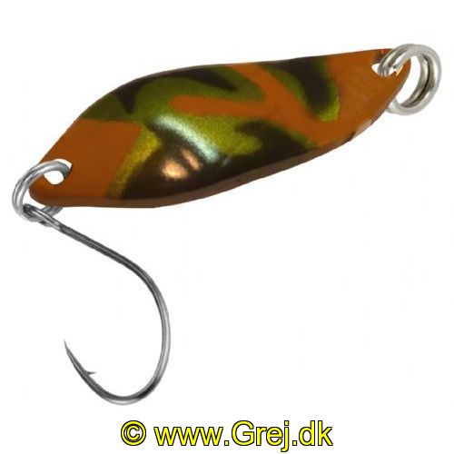 4250203345163 - FTM Fishing Tackle Max Skeblink Strike 2.1g - Brunorange/guld/sort camouflage med orange bagside<BR>
<BR>FTM FTM Fishing Tackle Max Skeblink Strike er en mini skeblink for UL fiskeriet som er meget voksende i disse år efter alle ørred arter.