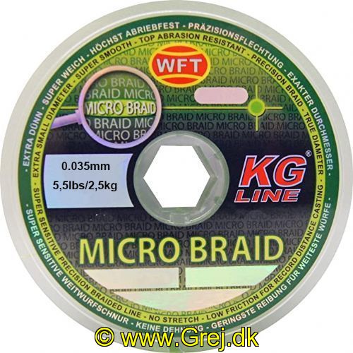 4250336191057 - WFT Micro Braid 0.035mm - Brudstyrke:5,5lbs/2,5kg
Vælg antal meter