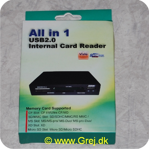 4260113568439 - <li>All in 1 USB2.0 Internal Card Reader</li><br><li>Farve: sort </li><br><li><B>Muligheder</B></li><br><li>Intern Kort læser til Stationær computer</li><br><li>Kompatibel med USB2.0 specifikationer</li><br><li>Understøtter Plug and Play</li><br><li>Kort læser dimensioner: 10.2x9.5x.2.6 cm</li><br><li>Understøttende OS: WindowsME/2000/XP/VISTA/WIN7-32/64-Bit, Ubuntu, Fedora, Debian</li><br><li><B>Kortlæser understøtter</B></li><br><li>CF Slot: CF I/II/Ultra CF/MD</li><br><li>SD/MMC Slot: SD/SDHC/MMC/RS MMC/ </li><br><li>MS Slot: MS/MS-pro/ MS-Duo/ MS-Pro-Duo</li><br><li>XD SLOT: XD </li><br><li>Micro SD Slot: Micro SD/Micro </li><br><li>CR0012 </li><br>