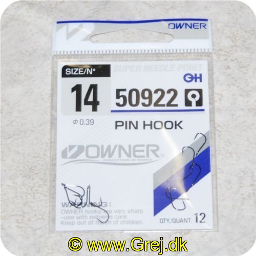4953873059094 - Owner 50922  Pin Hook med øje - enkeltkroge - 12 stk - meget skarpe - Str. 14
Medekrog